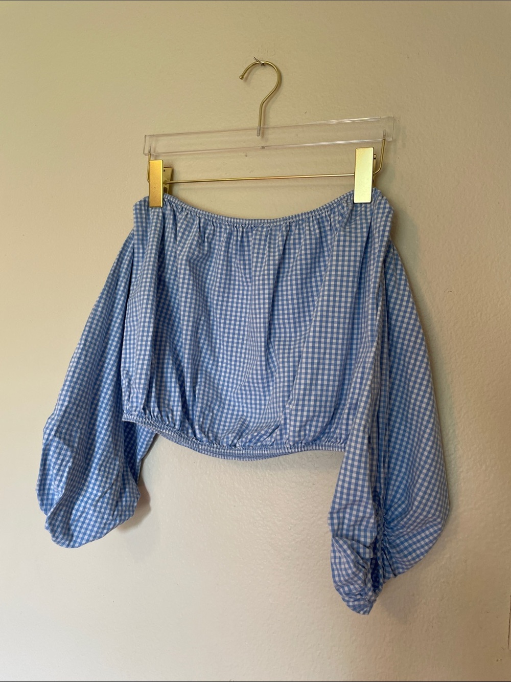 Blue Gingham Off-Shoulder Peasant Top
